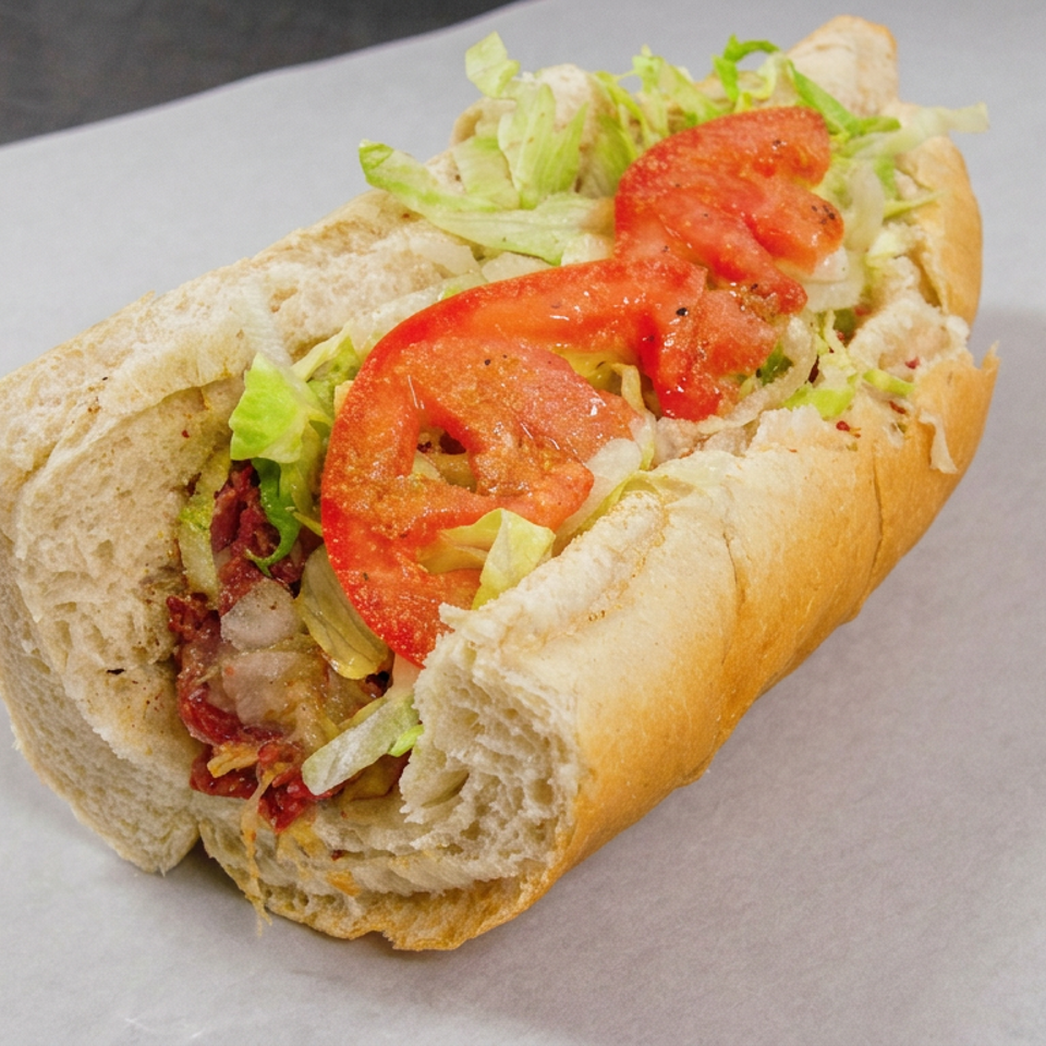 Submarine sandwich filled with sliced meat, lettuce, tomato, and onions on white paper.