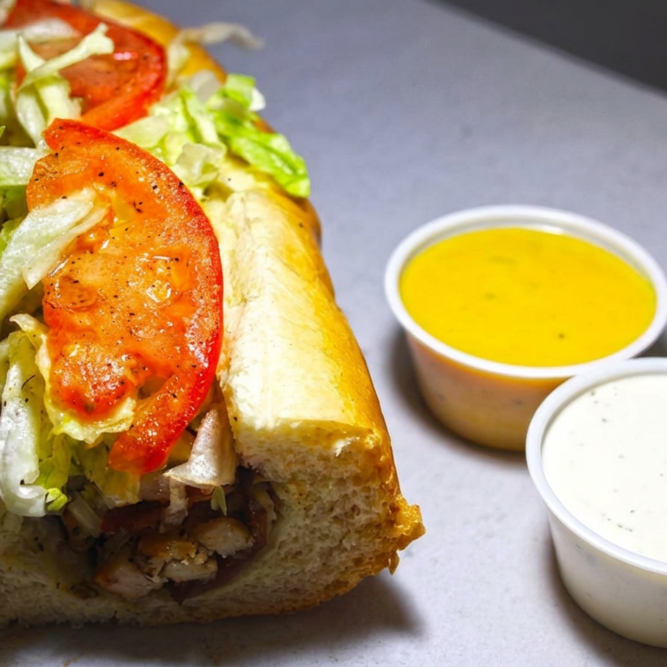 Loaded toasted sandwich with lettuce, tomatoes, and grilled vegetables, served with yellow and creamy white dipping sauces.