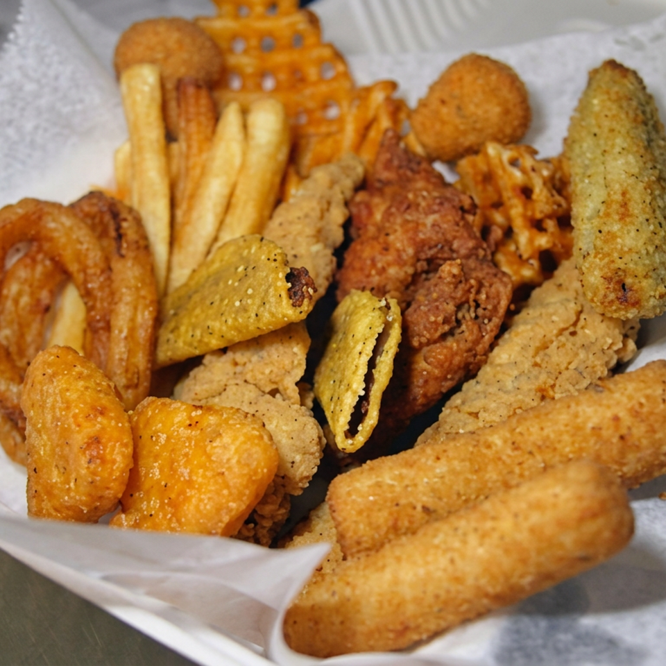 Basket of assorted fried foods, including onion rings, fries, croquettes, jalapeño poppers, fried chicken, and breaded sticks.