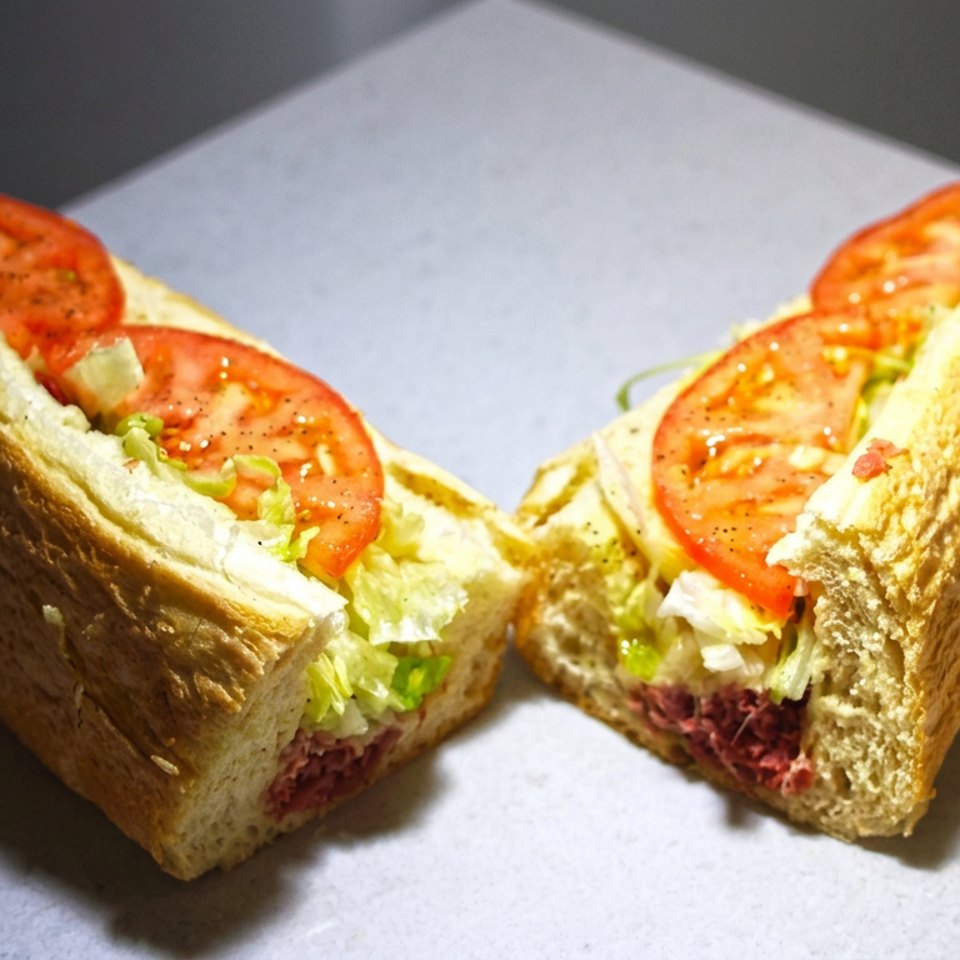 Split submarine sandwich filled with sliced tomatoes, lettuce, and deli meat on a white surface.