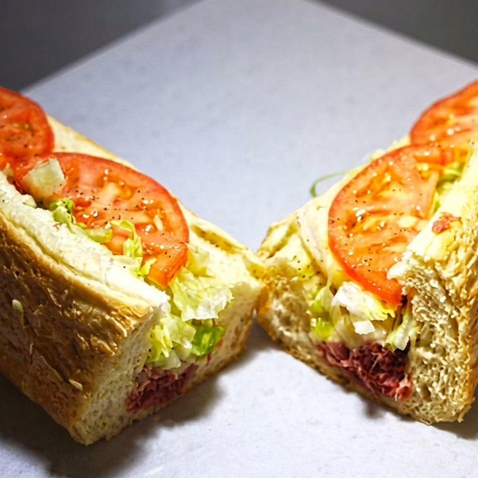 Submarine sandwich cut in half with tomato slices, lettuce, and shredded meat filling on a white surface.